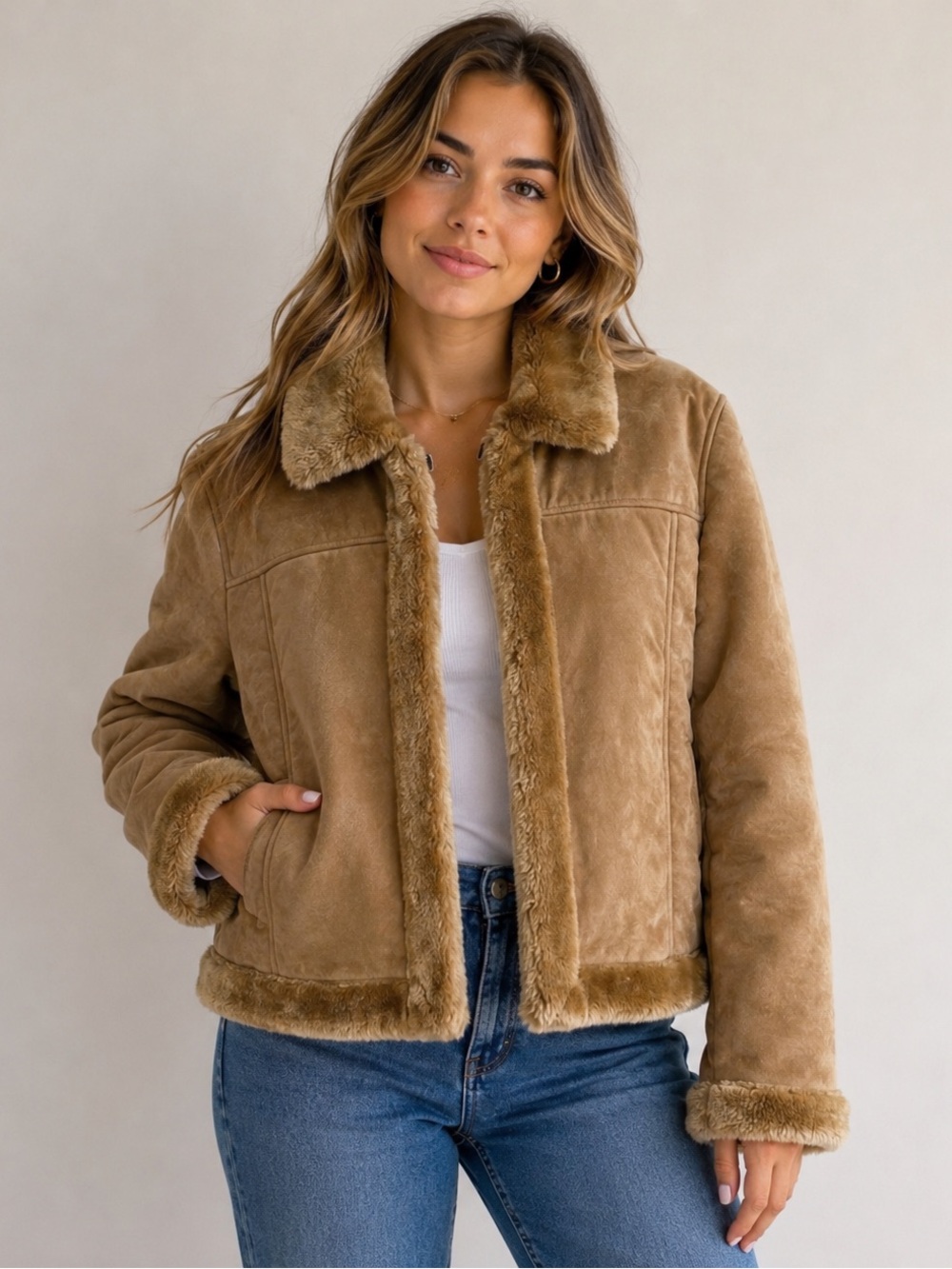 Zava Faux Fur Trim Suede Vintage Inspired Coat Jacket